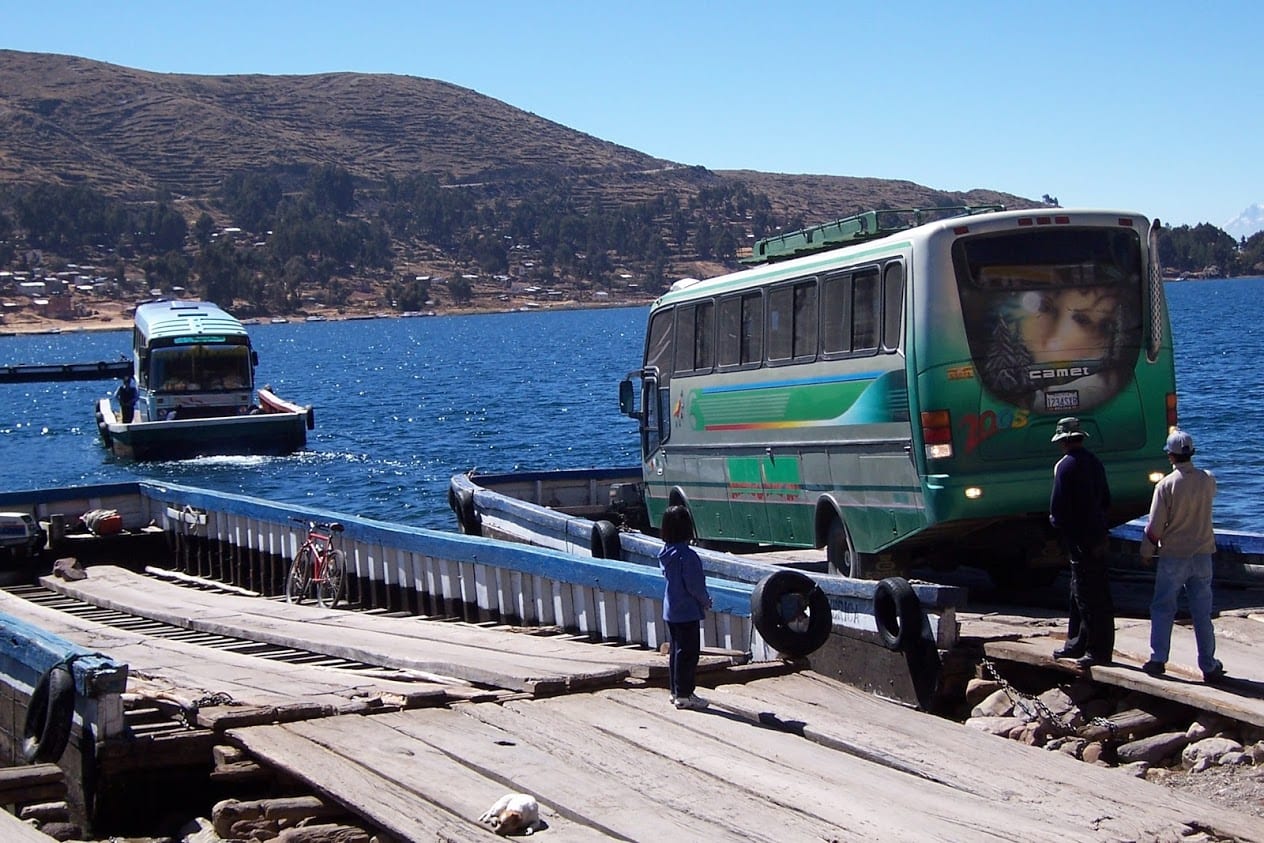 Bus crossing Lake Titicaca in Bolivia