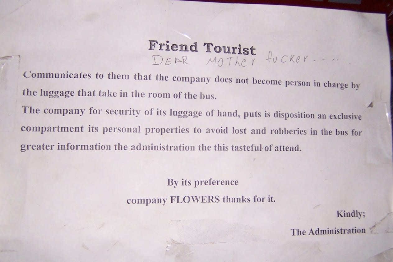 A friendly sign on the bus