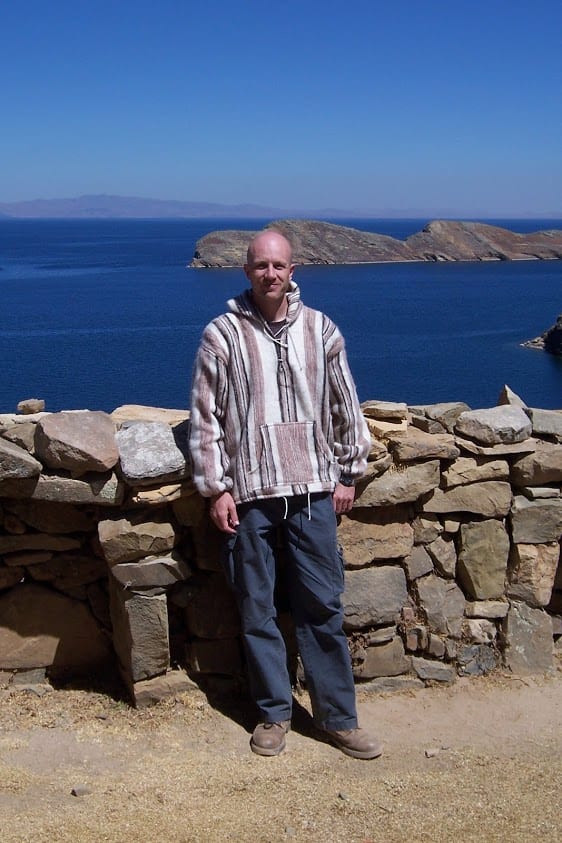 Dave Briggs wearing an alpaca top bought in Bolivia