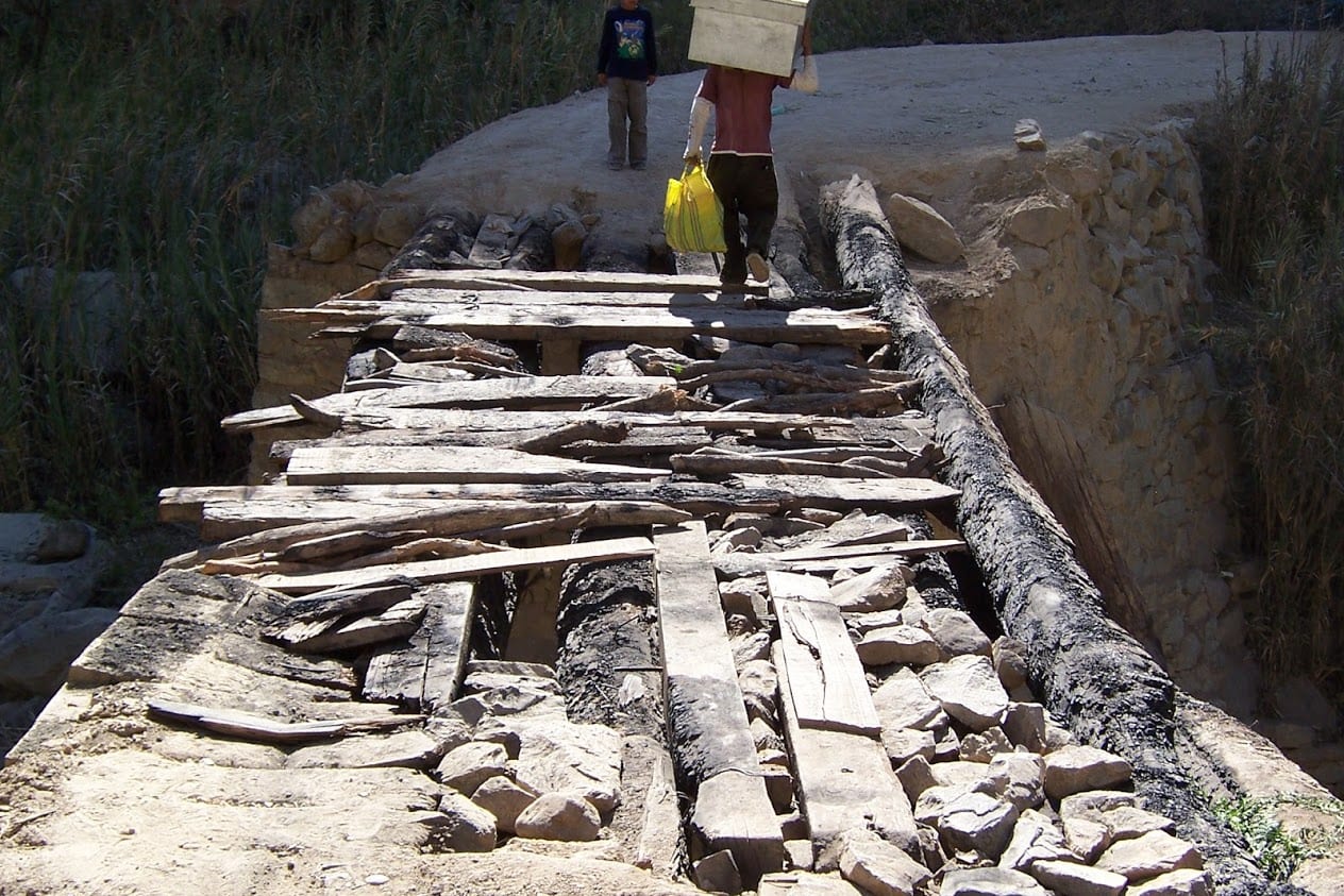 Crossing a dodgy looking bridge in Peru