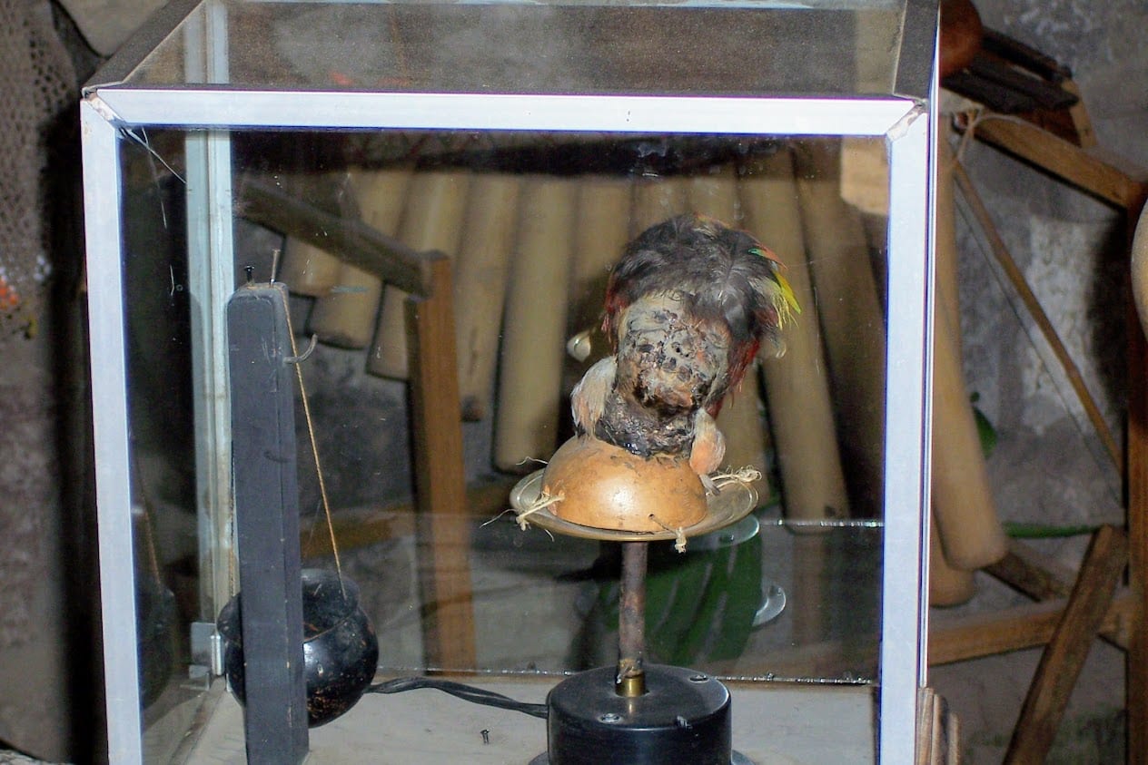 Shrunken head on display at the Equator in Ecuador