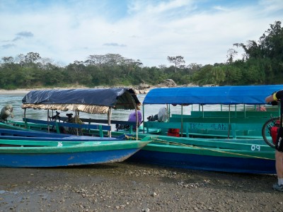Lanchas waiting to cross the rover into Guatemala at Bethel