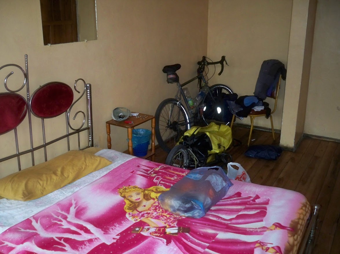 My touring bike and trailer in My hotel room in Machachi when cycling in Ecuador