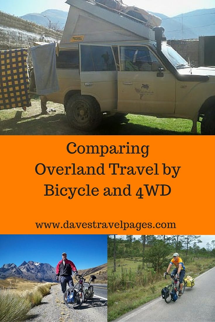 Comparing overland travel by bicycle and 4WD. A look at the costs, problems, and benefits of travelling overland by 4WD and bicycle. 