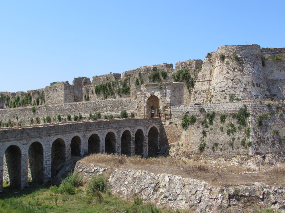 The stone bridge leading to the castle of Methoni in the Peloponnese, Greece