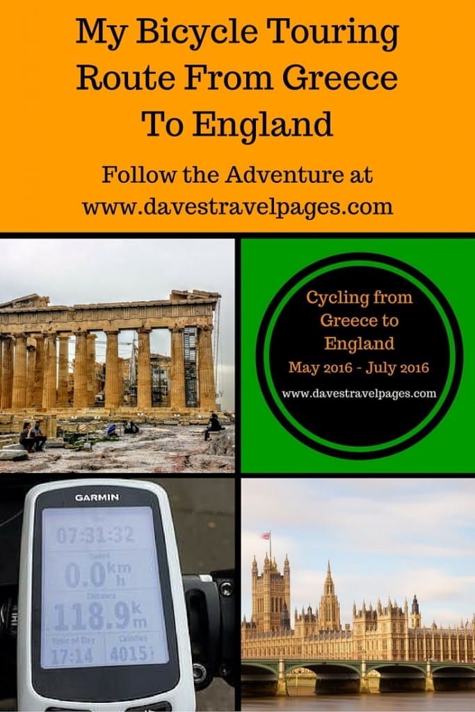 My bicycle touring route from Greece to England. This article covers the route I will be taking during my 2016 European bicycle touring adventure. It includes the countries I will be cycling through, with interactive maps.
