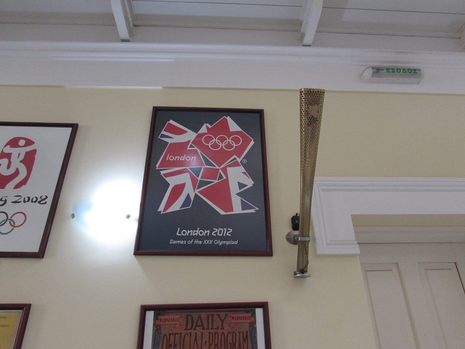 London olympic poster and torch inside the Panathenaic Stadium