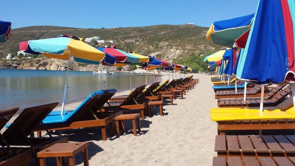 Sunbeds on one of the beautiful Patmos beaches