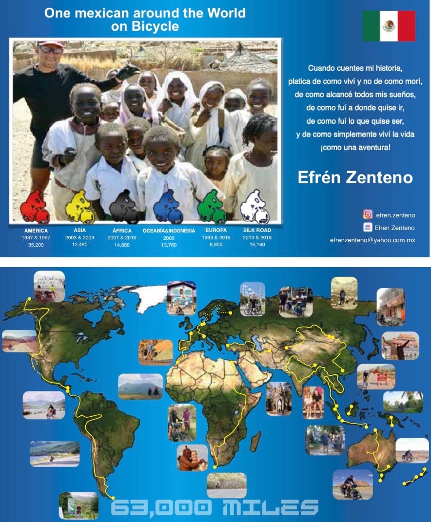 A map of Efren's different bike tours around the world