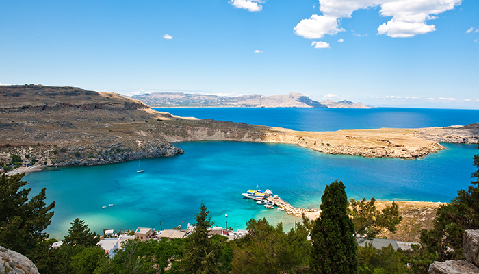 Greece Dodecanese Rhodes view on the sea from the Acropoli of the Lindos village