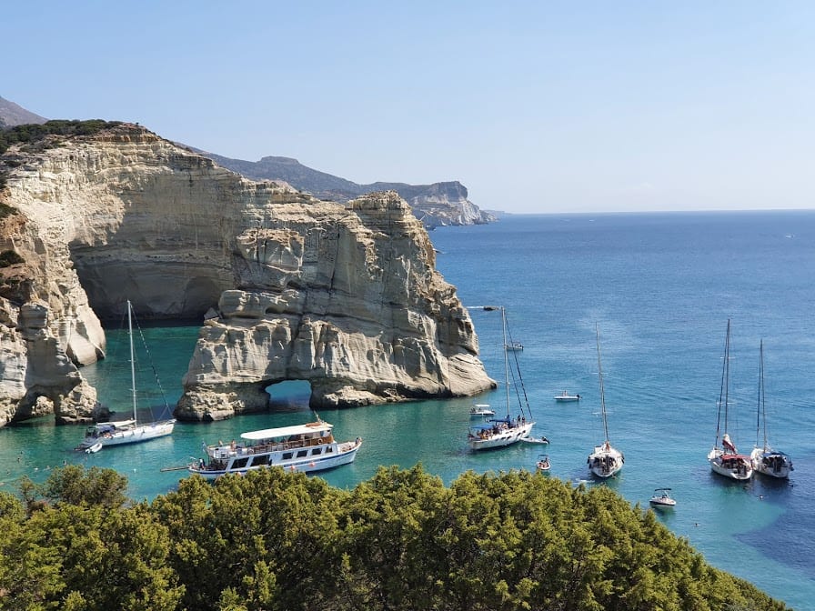 Sailing boats in Kleftiko bay in Milos greece