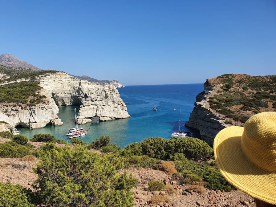 Looking down on Kleftiko beach Milos from the hiking path