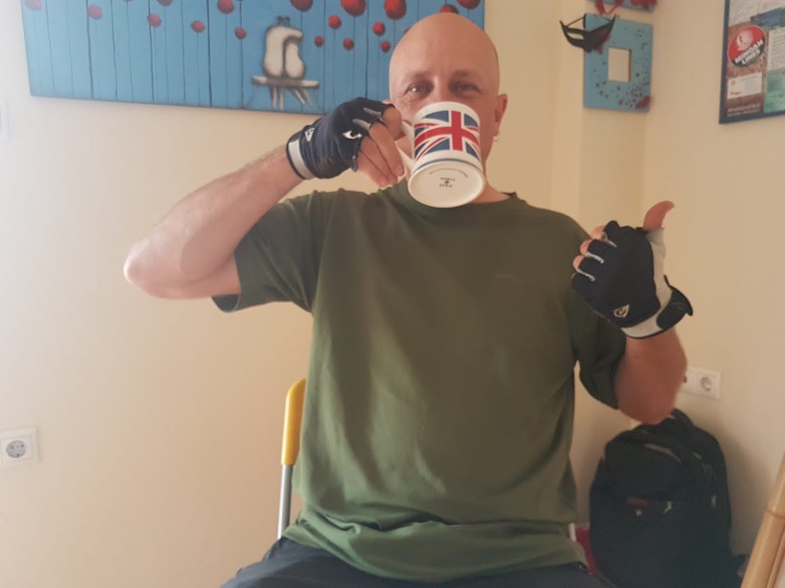 Dave drinking from a Union Jack cup