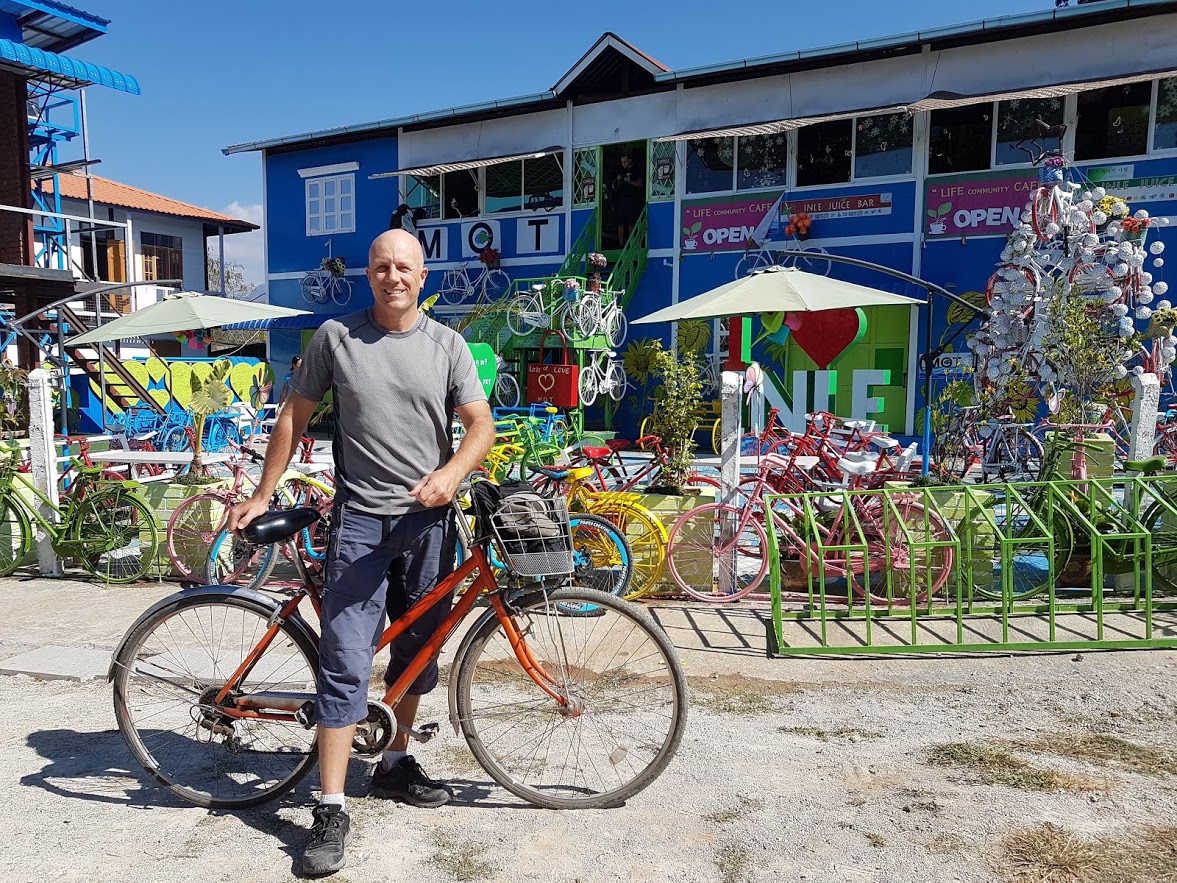 Dave at the colourful cafe in Inle Lake