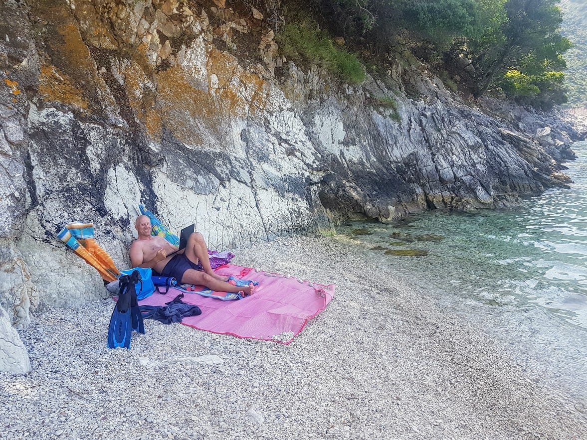 Dave working on the beach on Ithaca