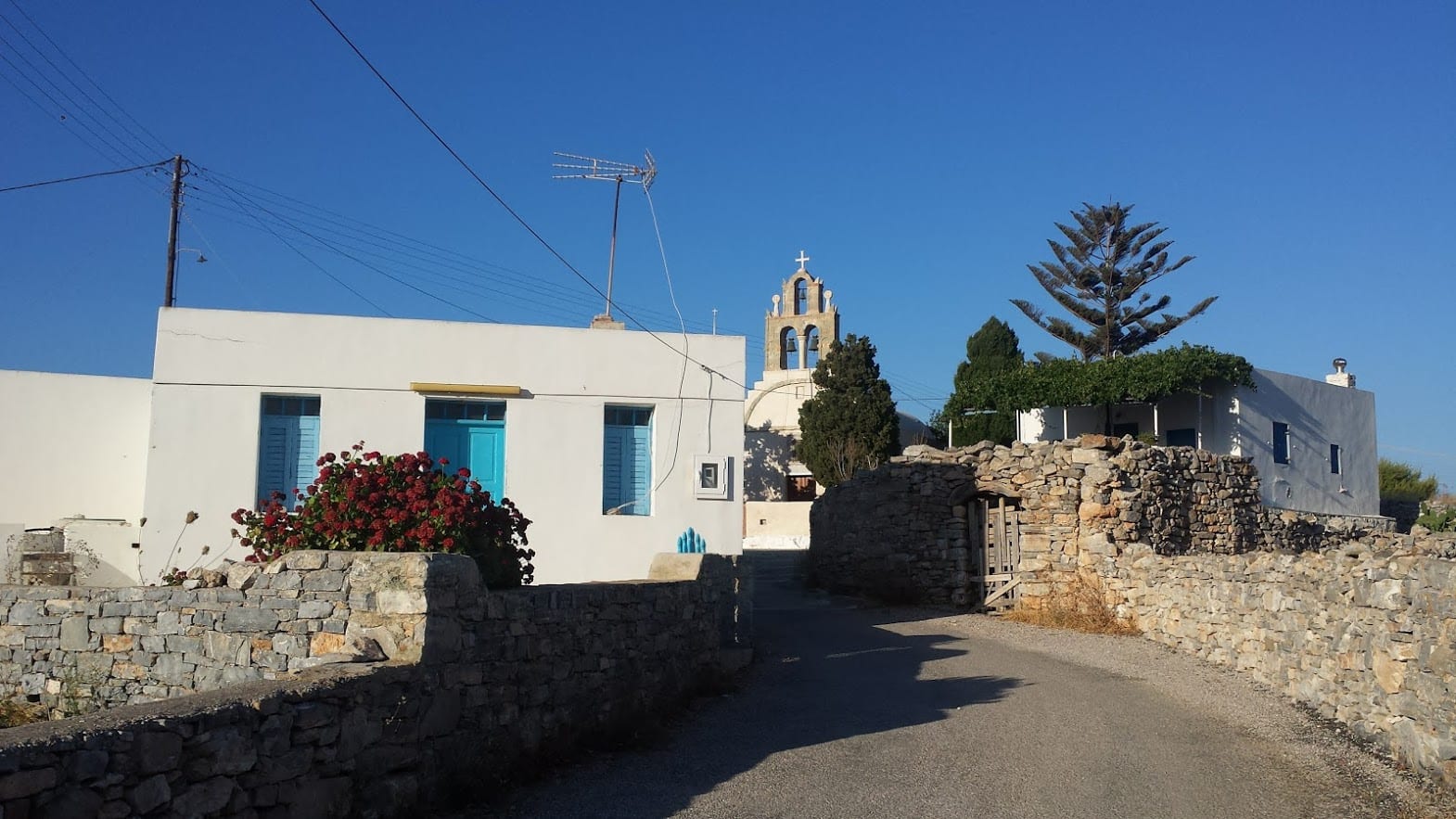 Schinoussa island in Greece has the typical blue and white buildings of the Cyclades