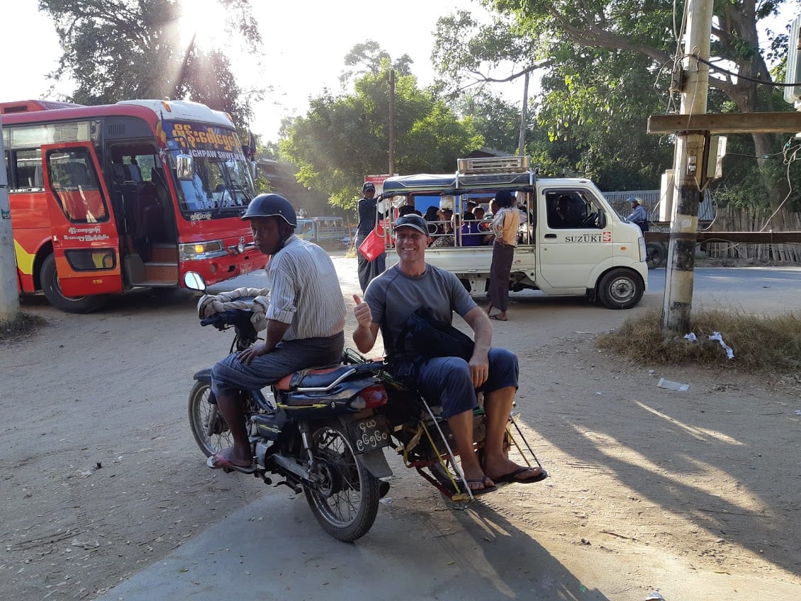 Getting around Bagan on a weird motorbike rickshaw. It actually carried two people!
