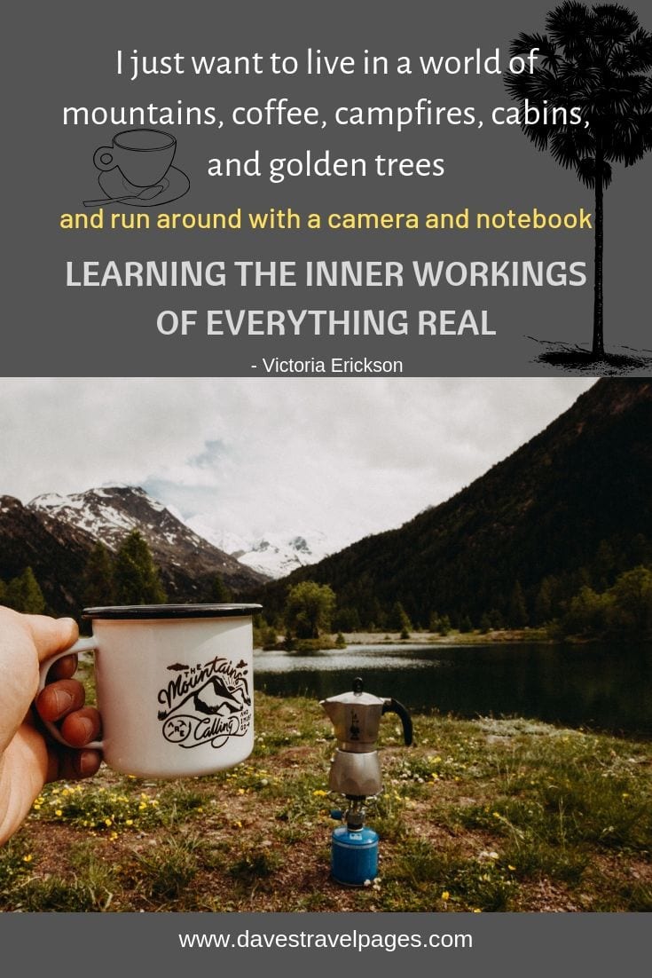 Camping and mountains quotes - "I just want to live in a world of mountains, coffee, campfires, cabins, and golden trees, and run around with a camera and notebook, learning the inner workings of everything real."