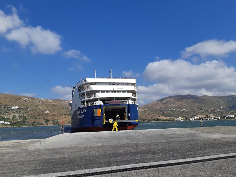 The Aqua Blue ferry docking at Andros island