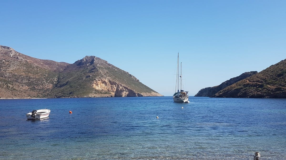 A yacht in the bay of Porto Kagio in Mani, Greece