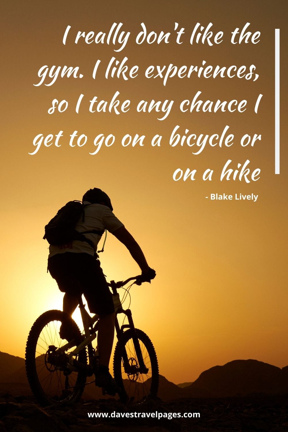 Bicycling Quotes - I really don't like the gym. I like experiences, so I take any chance I get to go on a bicycle or on a hike. Blake Lively