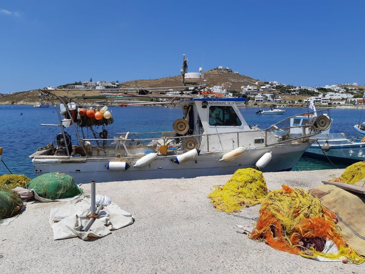 Ornos beach fishermen in Mykonos