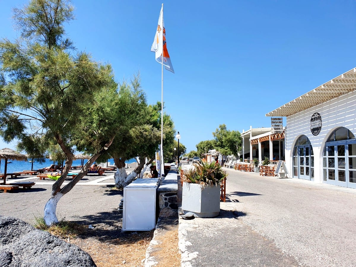 The promenade at Perissa Beach Santorini Greece