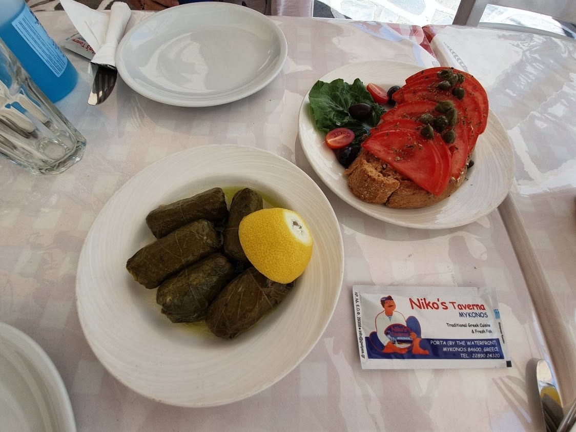 Eating at Nikos taverna in Mykonos