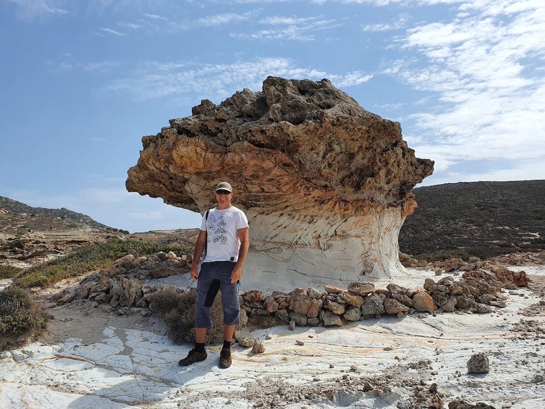 Dave Briggs at Skiadi rock in Kimolos island Greece