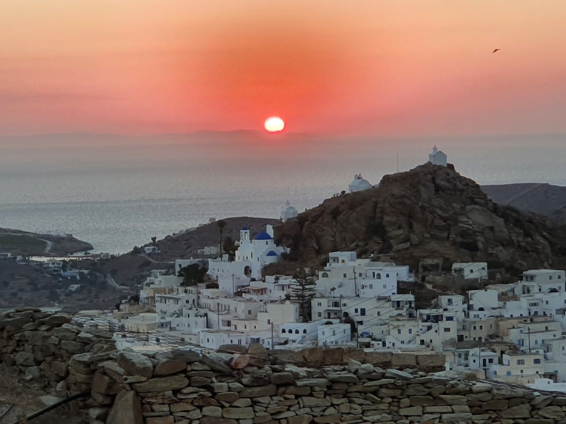 The sunset over Chora in Ios, Greece