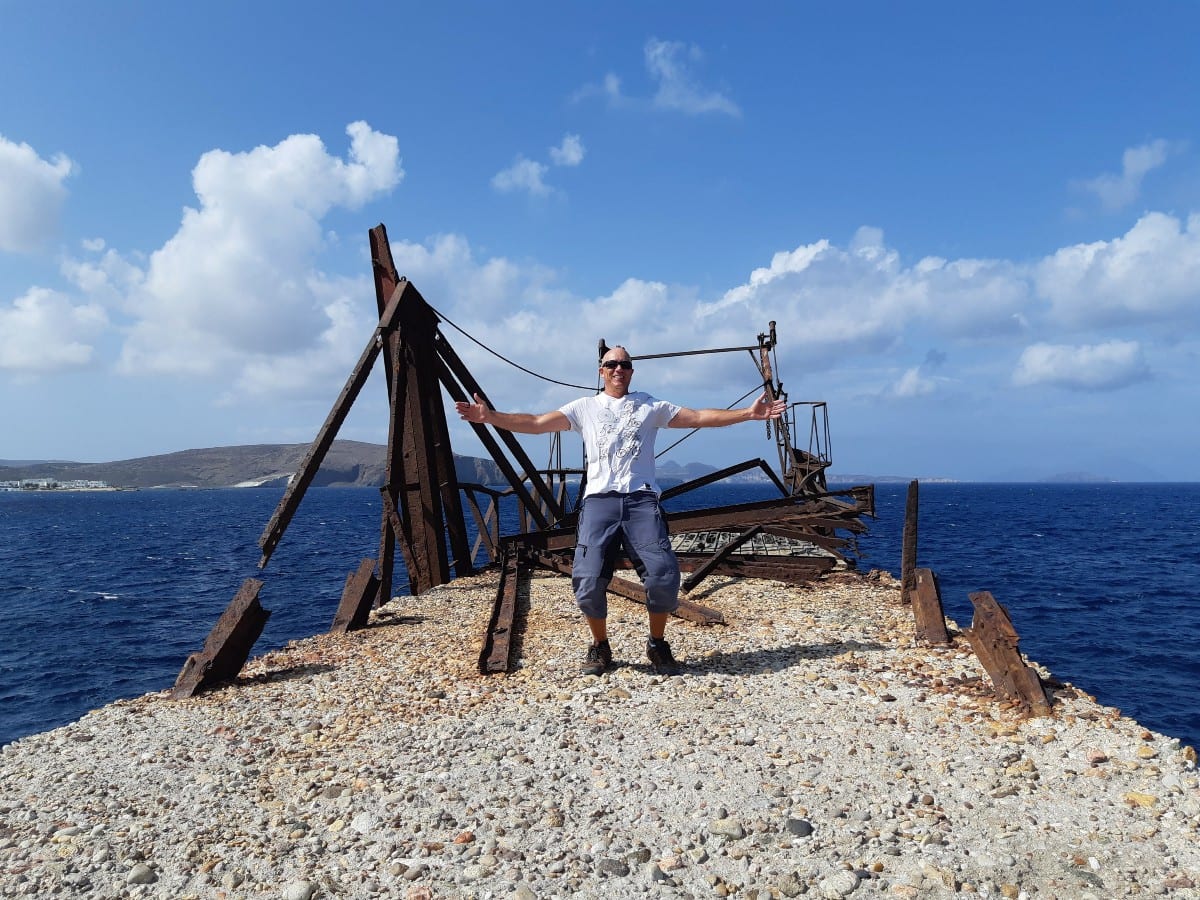 Dave Briggs, writer at Dave's Travel Pages, trying to stand up at Fykiada in Kimolos
