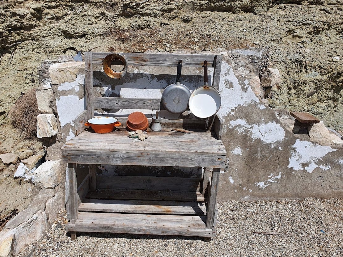 Camping utensils on Soufli beach in Kimolos island in the Cyclades