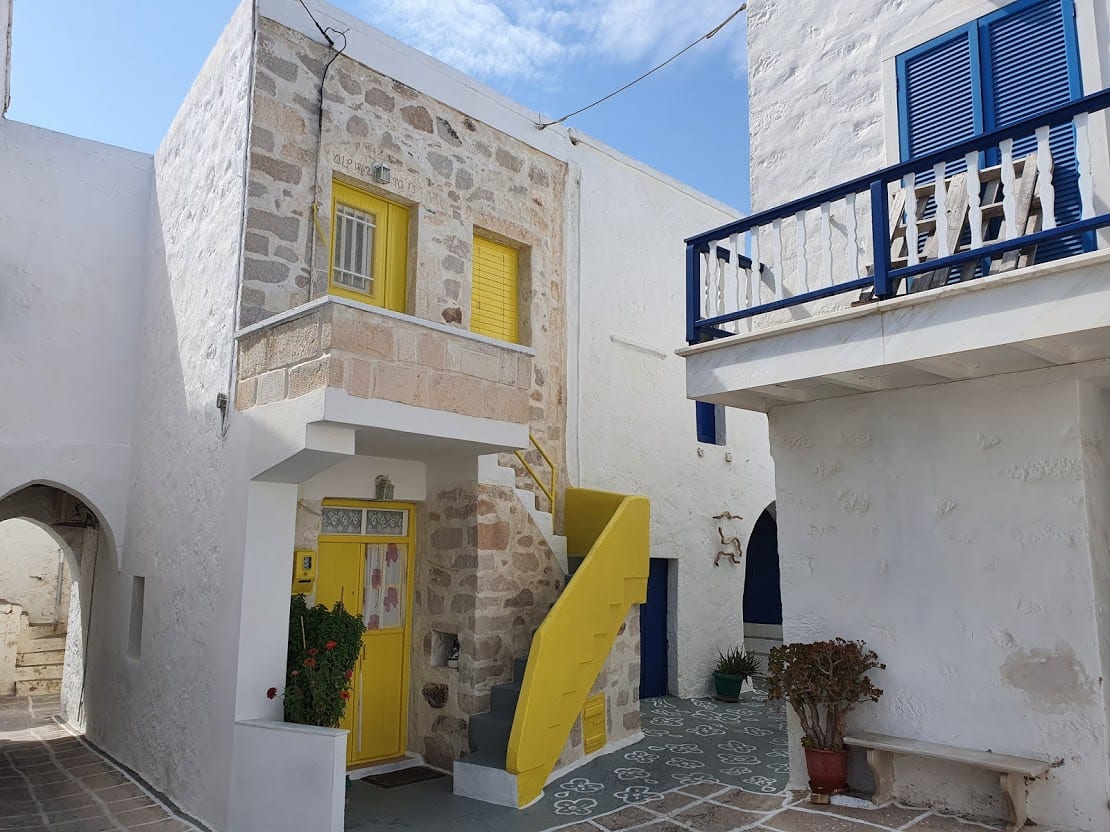 Colorful buildings inside the Chorio of Kimolos island