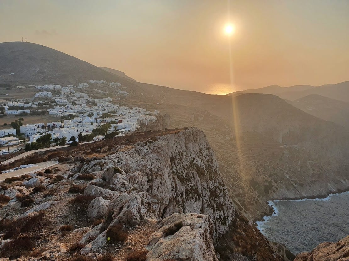 The sunset of Chora in Folegandros island in Greece