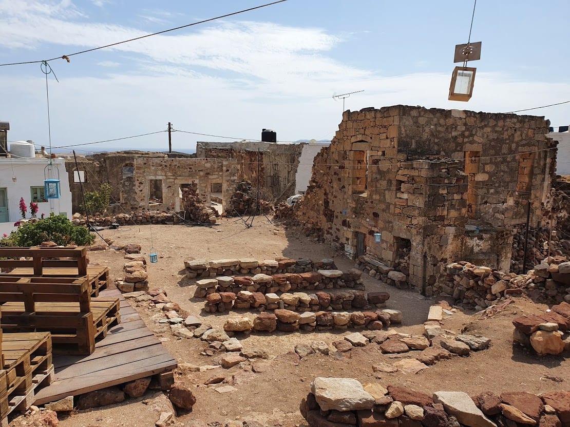 Outdoor seating in Kimolos castle for movies