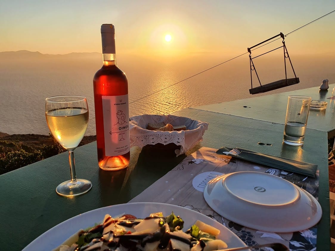 Enjoying a sunset meal in the Sikinos winery