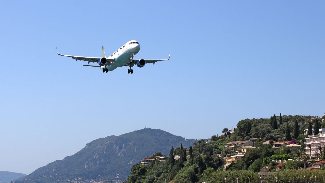 Plane landing on a Greek island