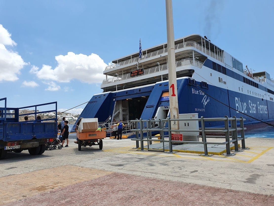 Boarding the Blue Star ferry in Mykonos Greece