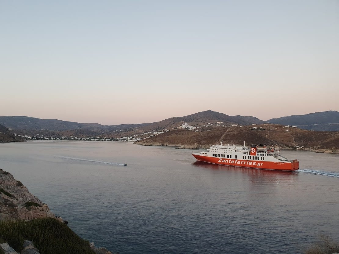 Zante ferries sailing into port in Ios, Greece