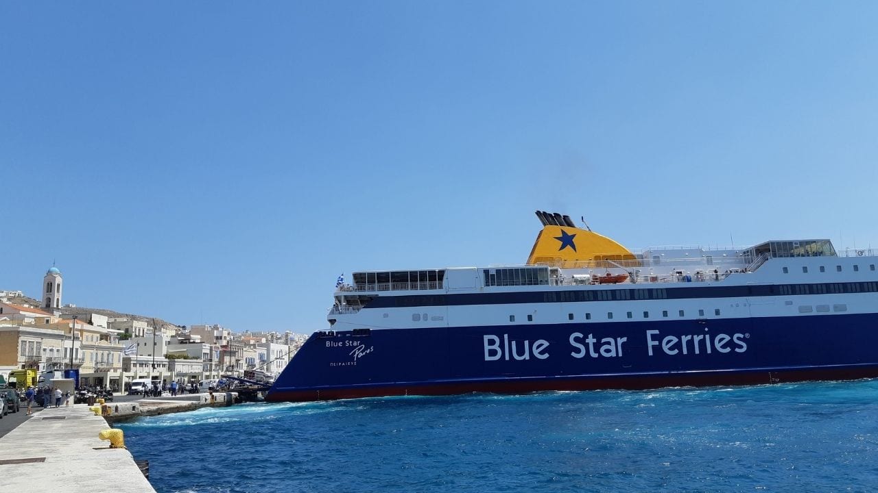 A Blue Star Ferries boat arriving at the port on Syros Island in Greece
