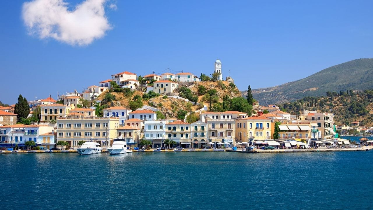 A view looking on to the main town of Poros island, Greece