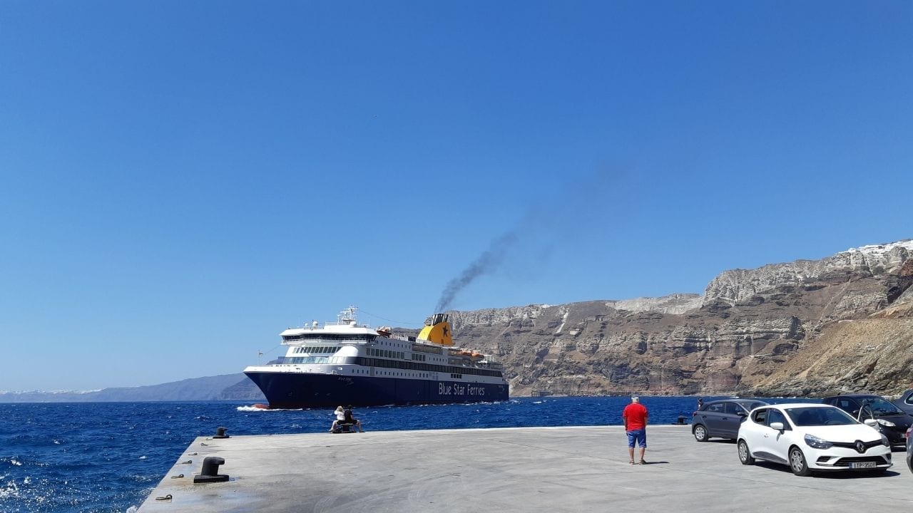 A Blue Star Ferries vessel arriving at the ferry port in Santorini, Greece