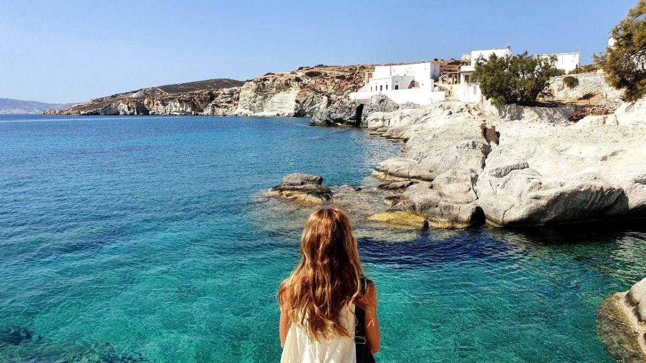 The rocks and blue waters near Goupa in Kimolos Greece