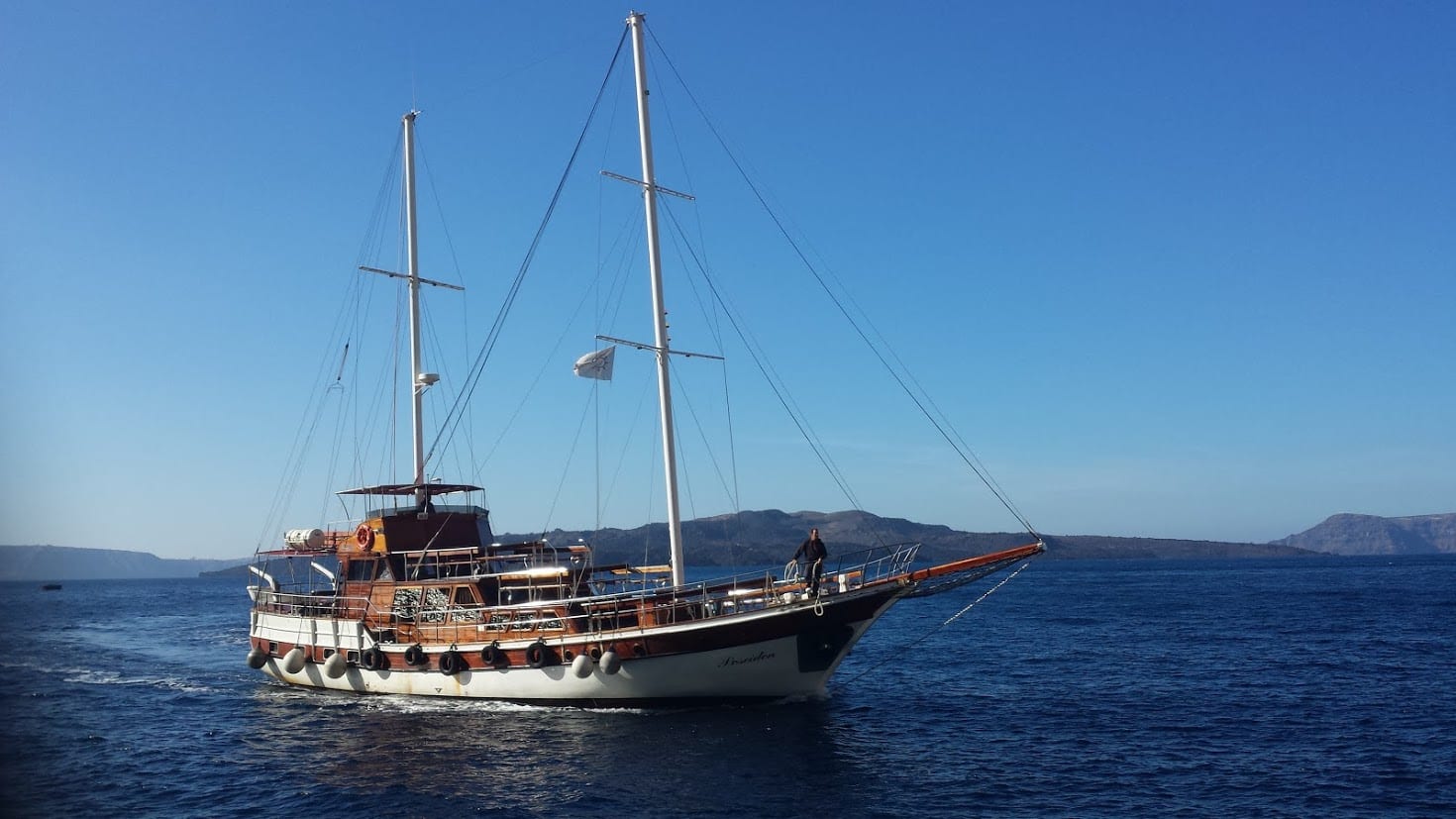 Visiting the Santorini volcano on a boat trip in the winter