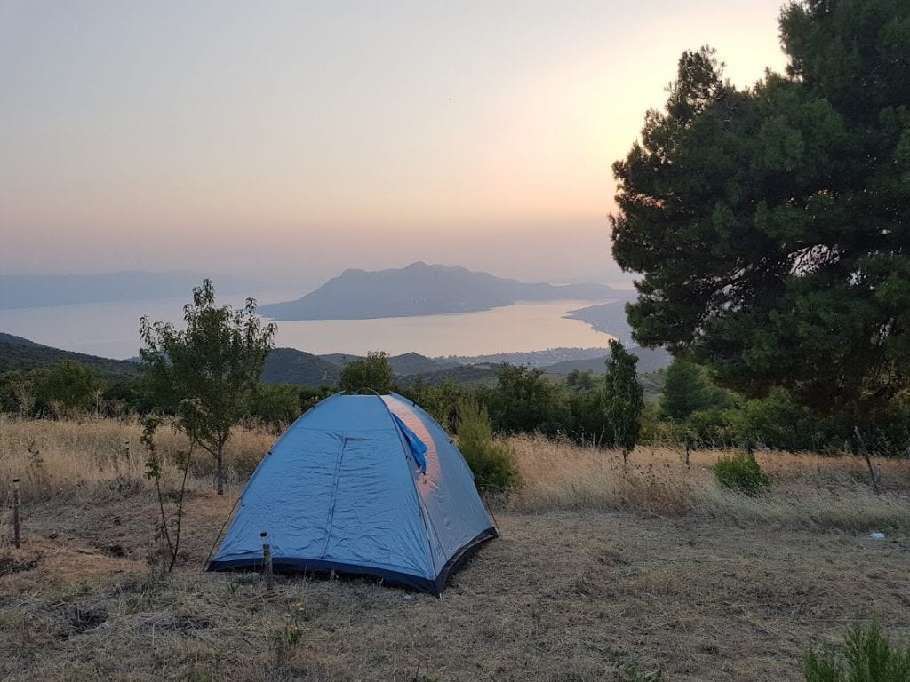 Setting the tent up to camp in the breeze