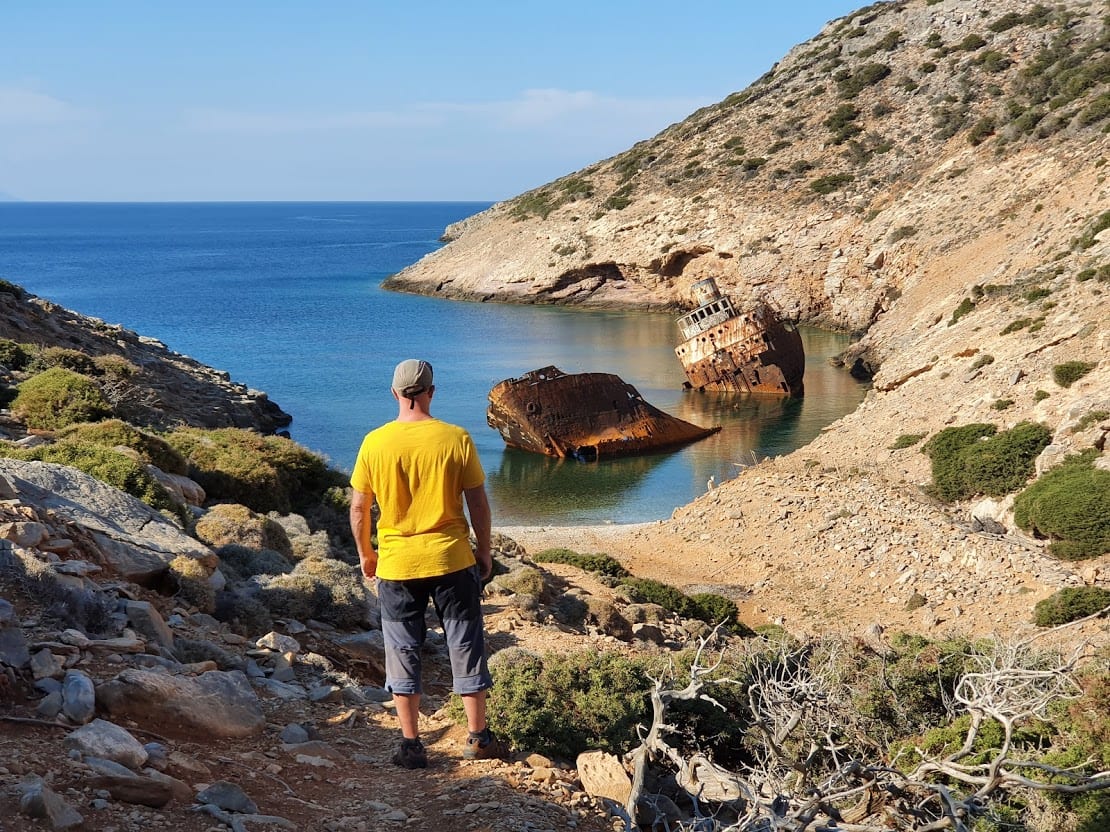 Dave Briggs looking at the famous shipwreck in Amorgos