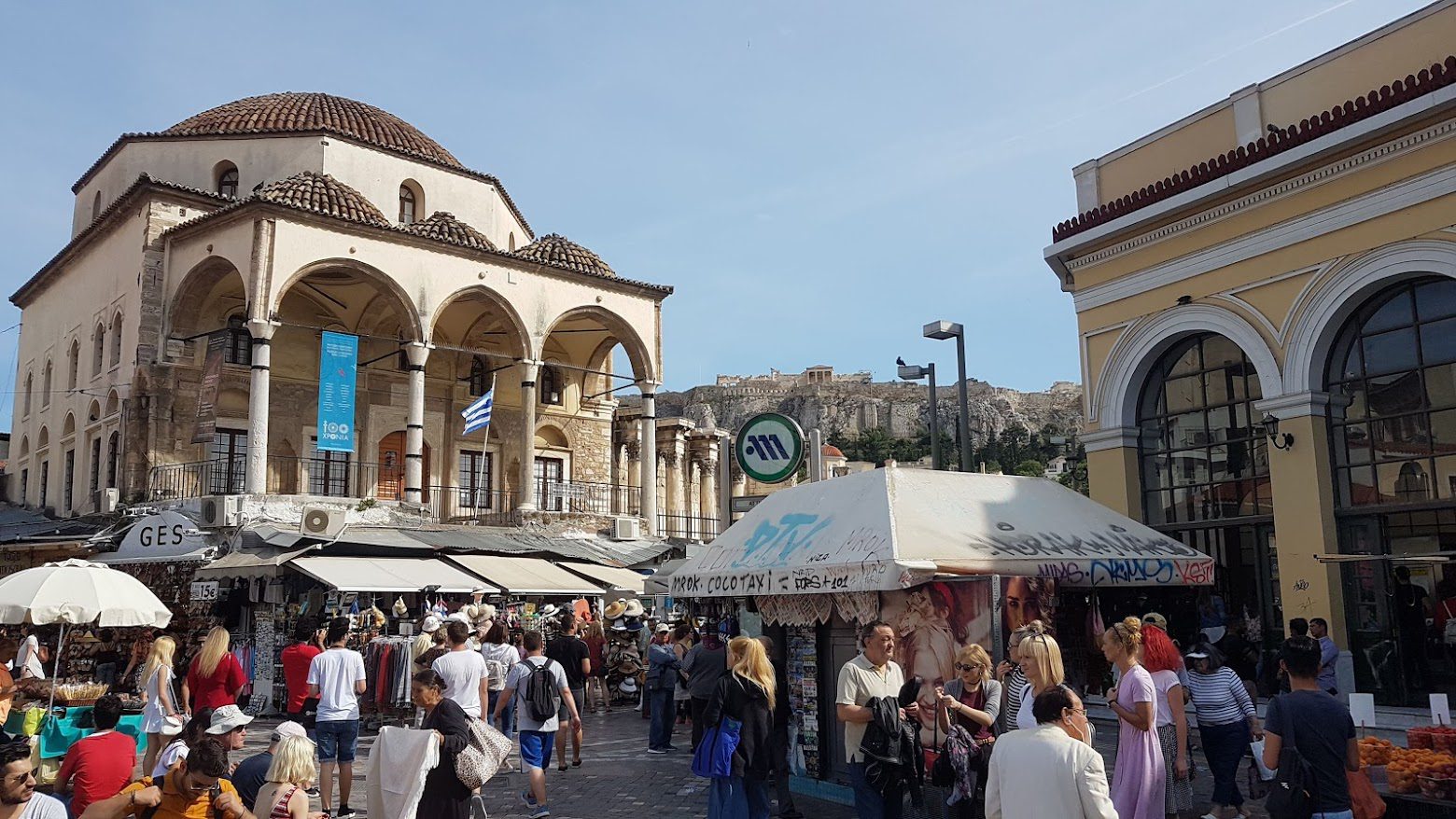 Crowds on Monastiraki Square in Athens