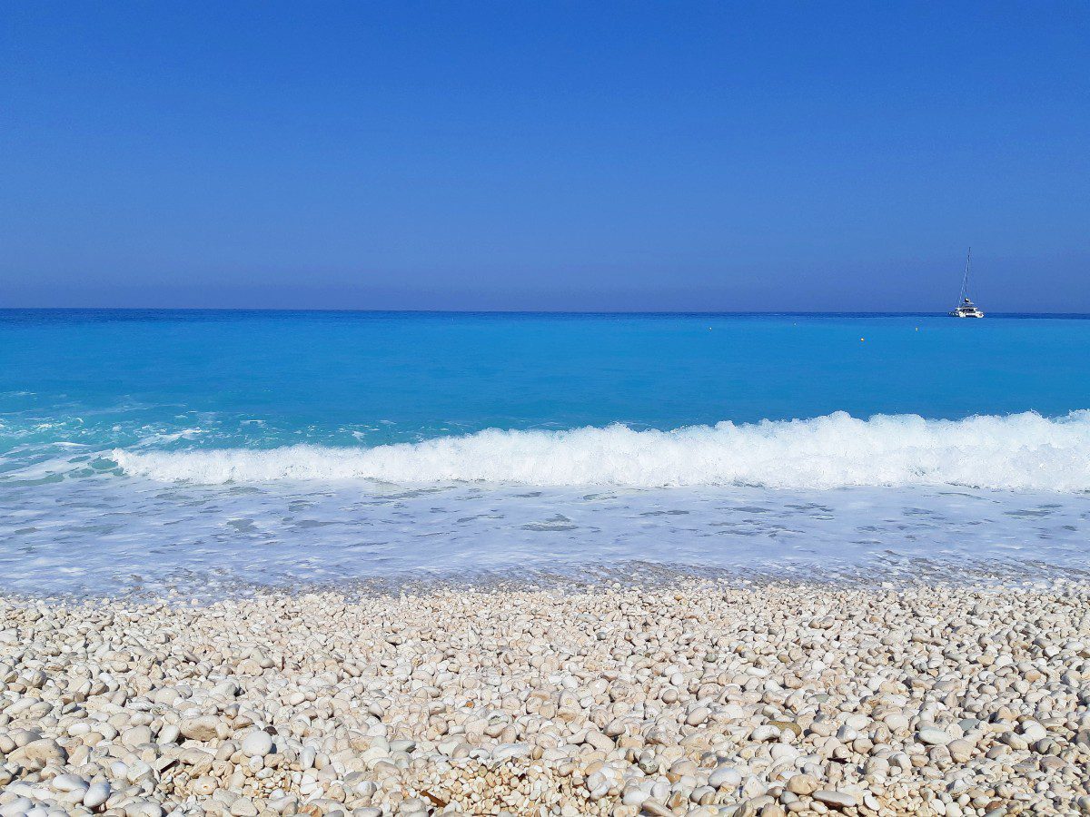 Myrtos beach in Kefalonia can have strong waves