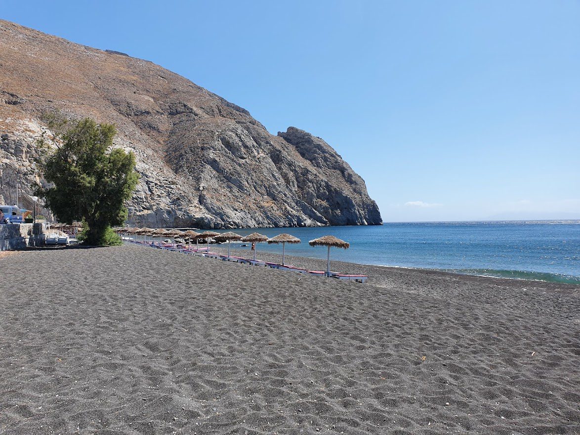 Perissa black sand beach in Santorini
