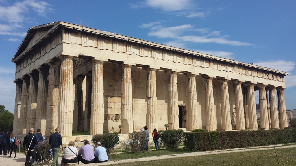 A picture of the temple of Hephaestus taken in spring